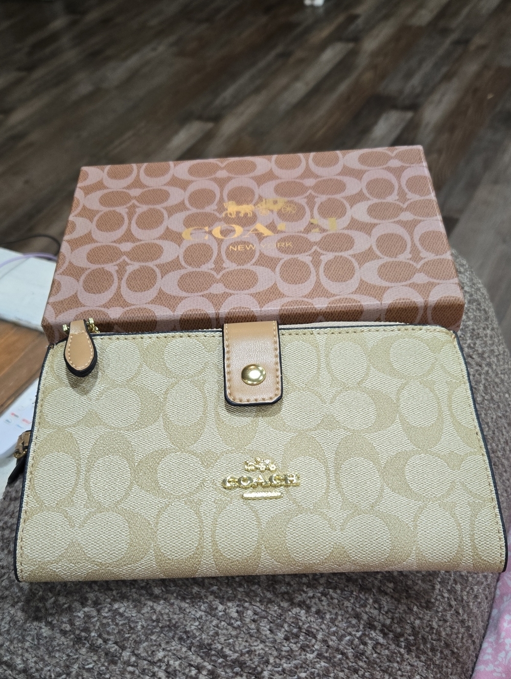 Coach Beige Signature Canvas Wallet with Gold Logo